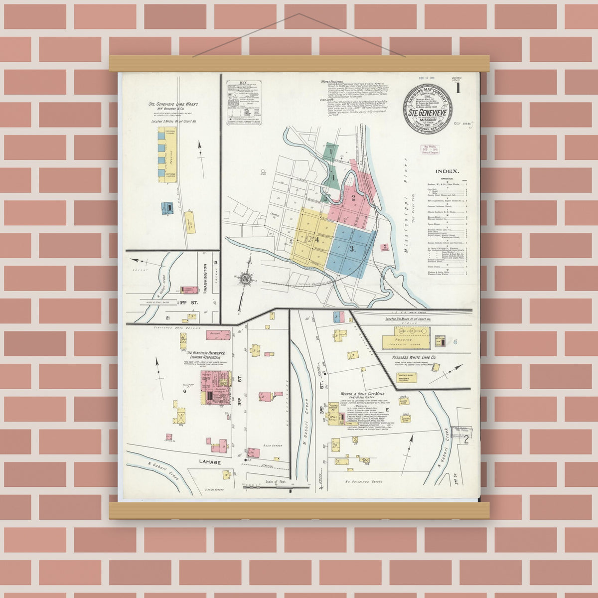 Old map wall art mockup — magnetic wood frame on brick wall — Sanborn Fire Insurance Map from Sainte Genevieve, Saint Genevieve County, Missouri (1911) - Complete Map Set