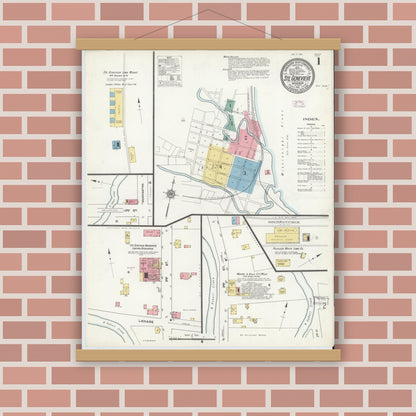 Old map wall art mockup — magnetic wood frame on brick wall — Sanborn Fire Insurance Map from Sainte Genevieve, Saint Genevieve County, Missouri (1911) - Complete Map Set