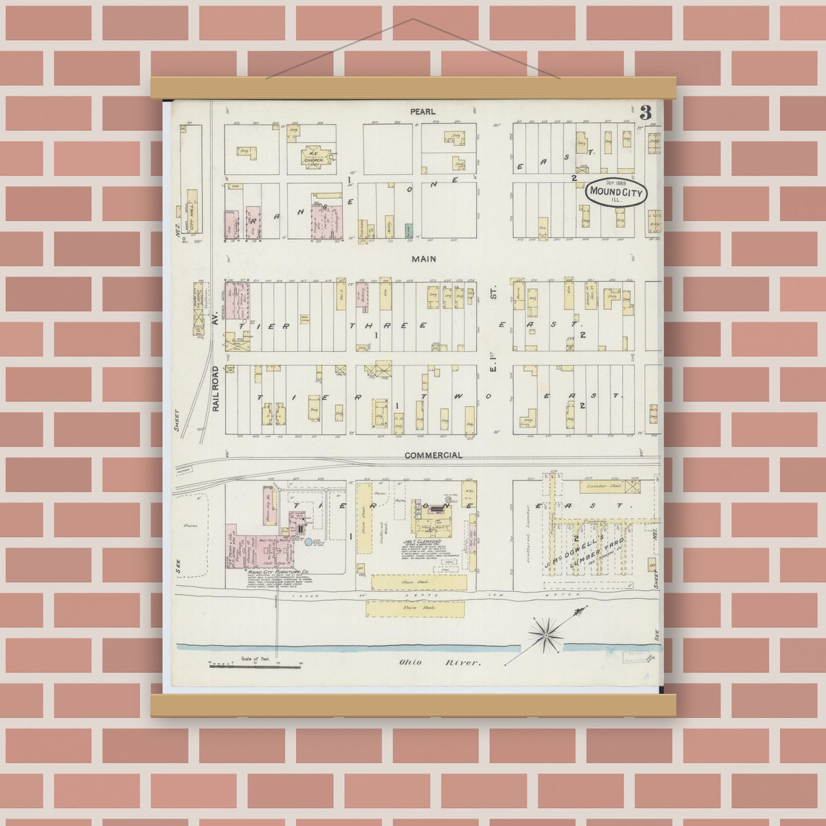 Old map wall art mockup — magnetic wood frame on brick wall — Sanborn Fire Insurance Map from Mound City, Pulaski County, Illinois (1889), Sheet #0003