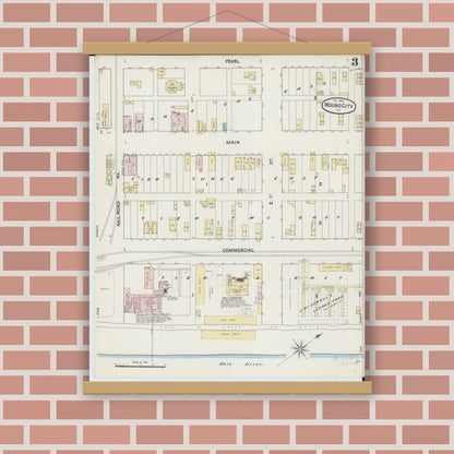 Old map wall art mockup — magnetic wood frame on brick wall — Sanborn Fire Insurance Map from Mound City, Pulaski County, Illinois (1889), Sheet #0003
