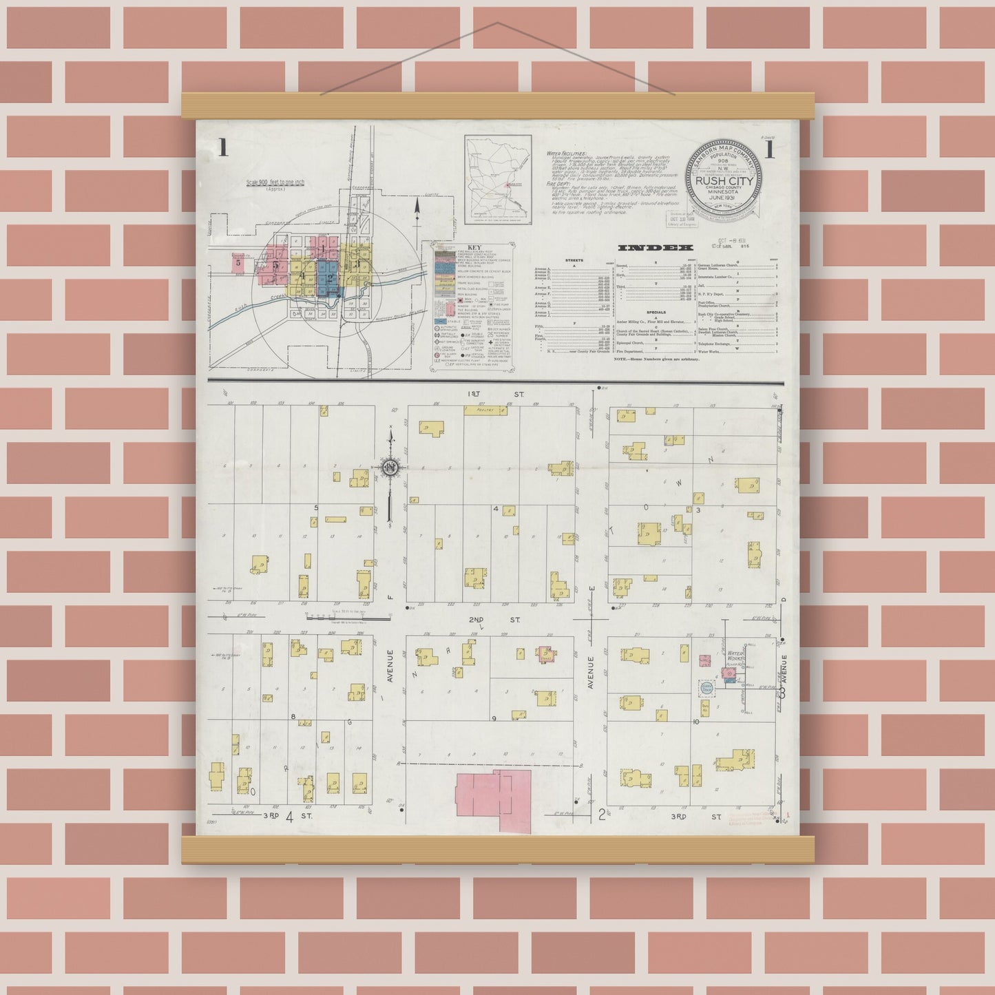 Old map wall art mockup — magnetic wood frame on brick wall — Sanborn Fire Insurance Map from Rush City, Chisago County, Minnesota (1931), Sheet #0001