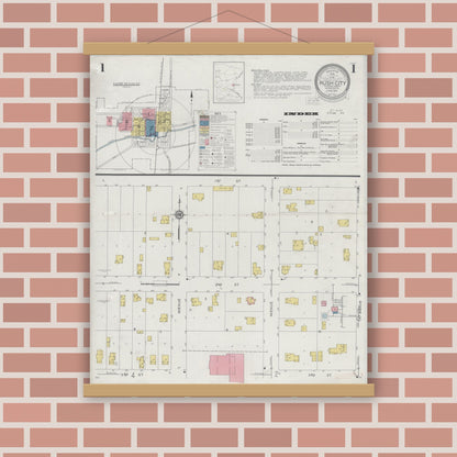 Old map wall art mockup — magnetic wood frame on brick wall — Sanborn Fire Insurance Map from Rush City, Chisago County, Minnesota (1931), Sheet #0001