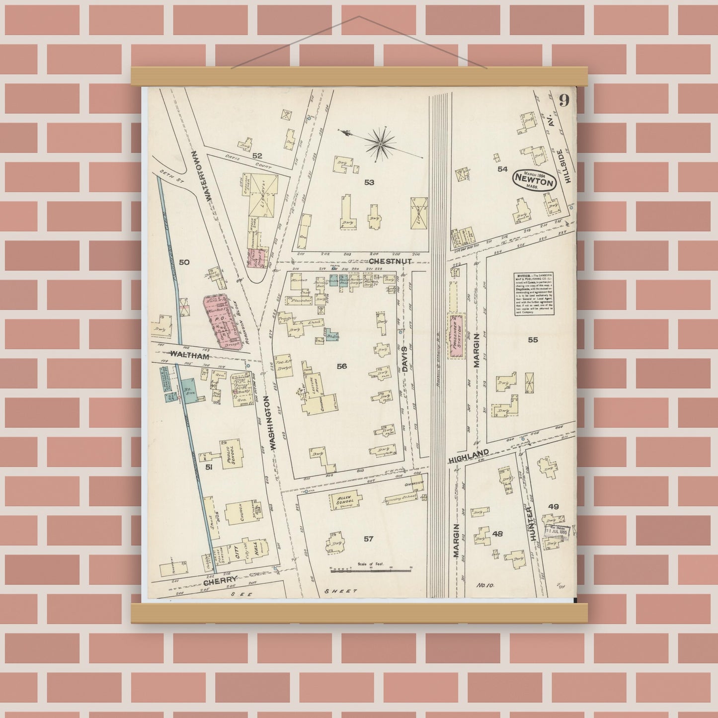 Old map wall art mockup — magnetic wood frame on brick wall — Sanborn Fire Insurance Map from Newton, Middlesex County, Massachusetts (1884), Sheet #0009