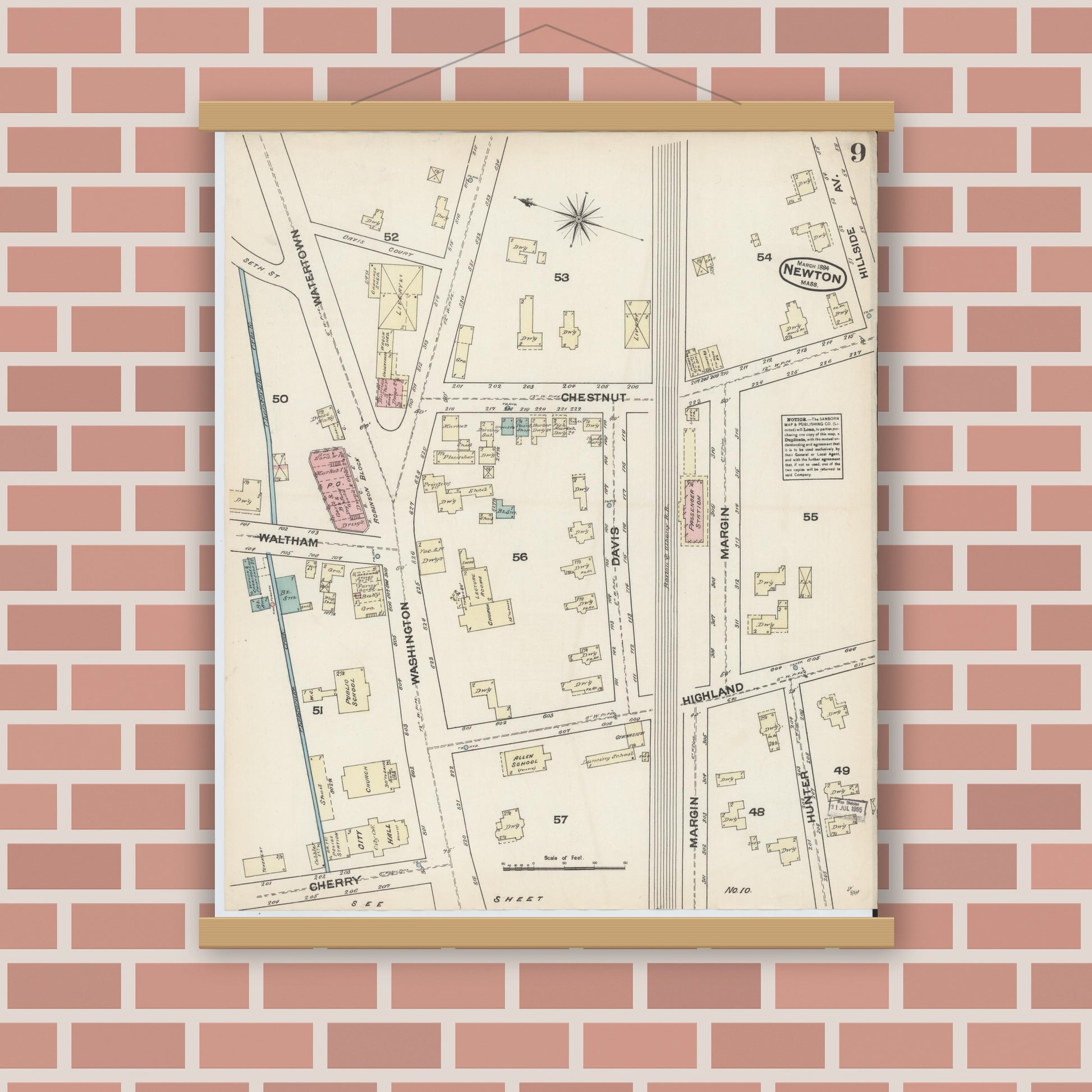 Old map wall art mockup — magnetic wood frame on brick wall — Sanborn Fire Insurance Map from Newton, Middlesex County, Massachusetts (1884), Sheet #0009