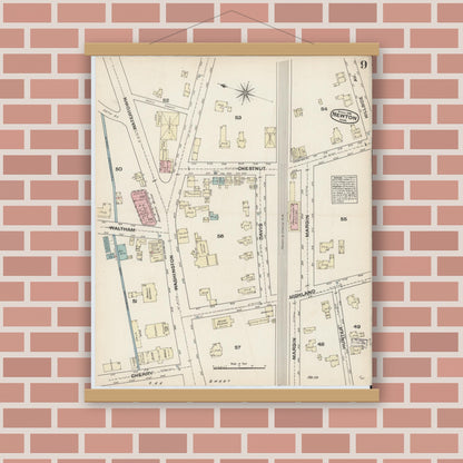 Old map wall art mockup — magnetic wood frame on brick wall — Sanborn Fire Insurance Map from Newton, Middlesex County, Massachusetts (1884), Sheet #0009