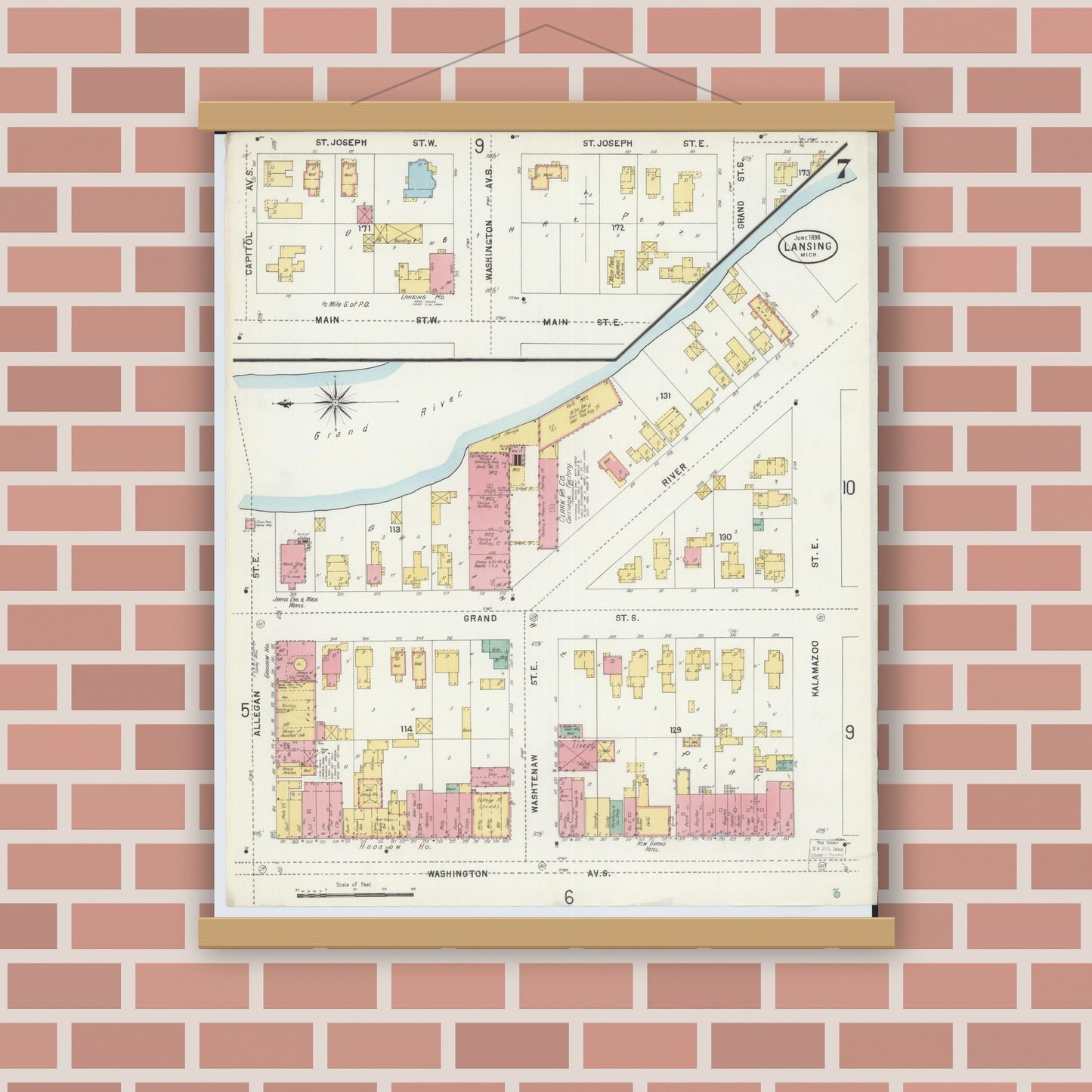 Old map wall art mockup — magnetic wood frame on brick wall — Sanborn Fire Insurance Map from Lansing, Ingham County, Michigan (1898), Sheet #0007