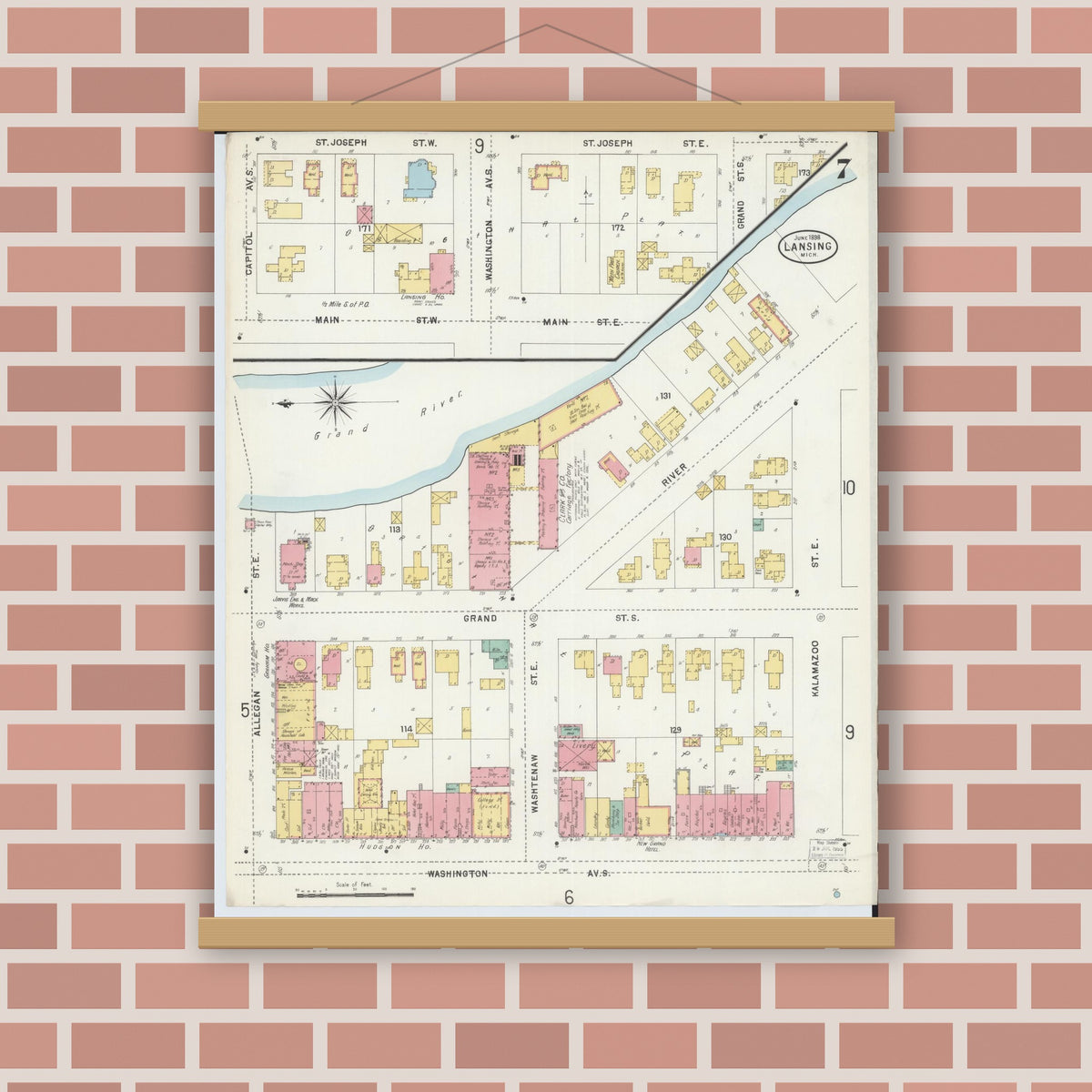 Old map wall art mockup — magnetic wood frame on brick wall — Sanborn Fire Insurance Map from Lansing, Ingham County, Michigan (1898), Sheet #0007