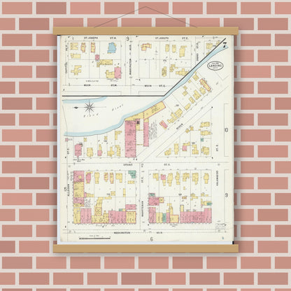 Old map wall art mockup — magnetic wood frame on brick wall — Sanborn Fire Insurance Map from Lansing, Ingham County, Michigan (1898), Sheet #0007
