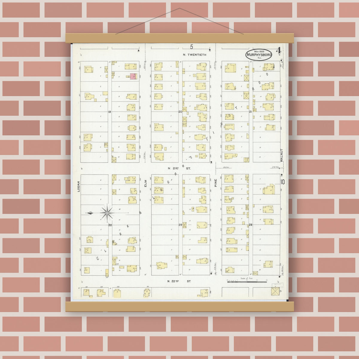 Old map wall art mockup — magnetic wood frame on brick wall — Sanborn Fire Insurance Map from Murphysboro, Jackson County, Illinois (1909), Sheet #0004