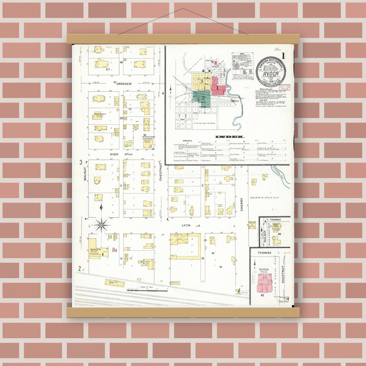 Old map wall art mockup — magnetic wood frame on brick wall — Sanborn Fire Insurance Map from Avoca, Pottawattamie County, Iowa (1909) â€” Complete Set