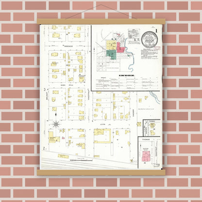 Old map wall art mockup — magnetic wood frame on brick wall — Sanborn Fire Insurance Map from Avoca, Pottawattamie County, Iowa (1909) â€” Complete Set