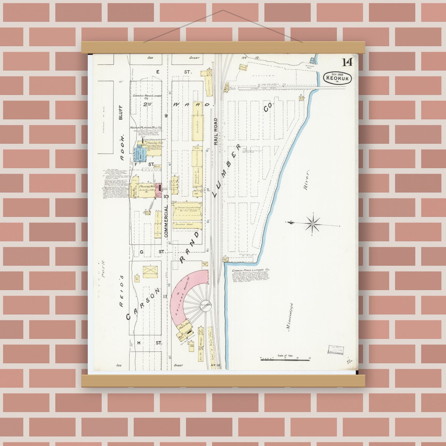 Old map wall art mockup — magnetic wood frame on brick wall — Sanborn Fire Insurance Map from Keokuk, Lee County, Iowa (1888), Sheet #0014