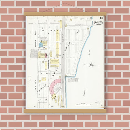 Old map wall art mockup — magnetic wood frame on brick wall — Sanborn Fire Insurance Map from Keokuk, Lee County, Iowa (1888), Sheet #0014