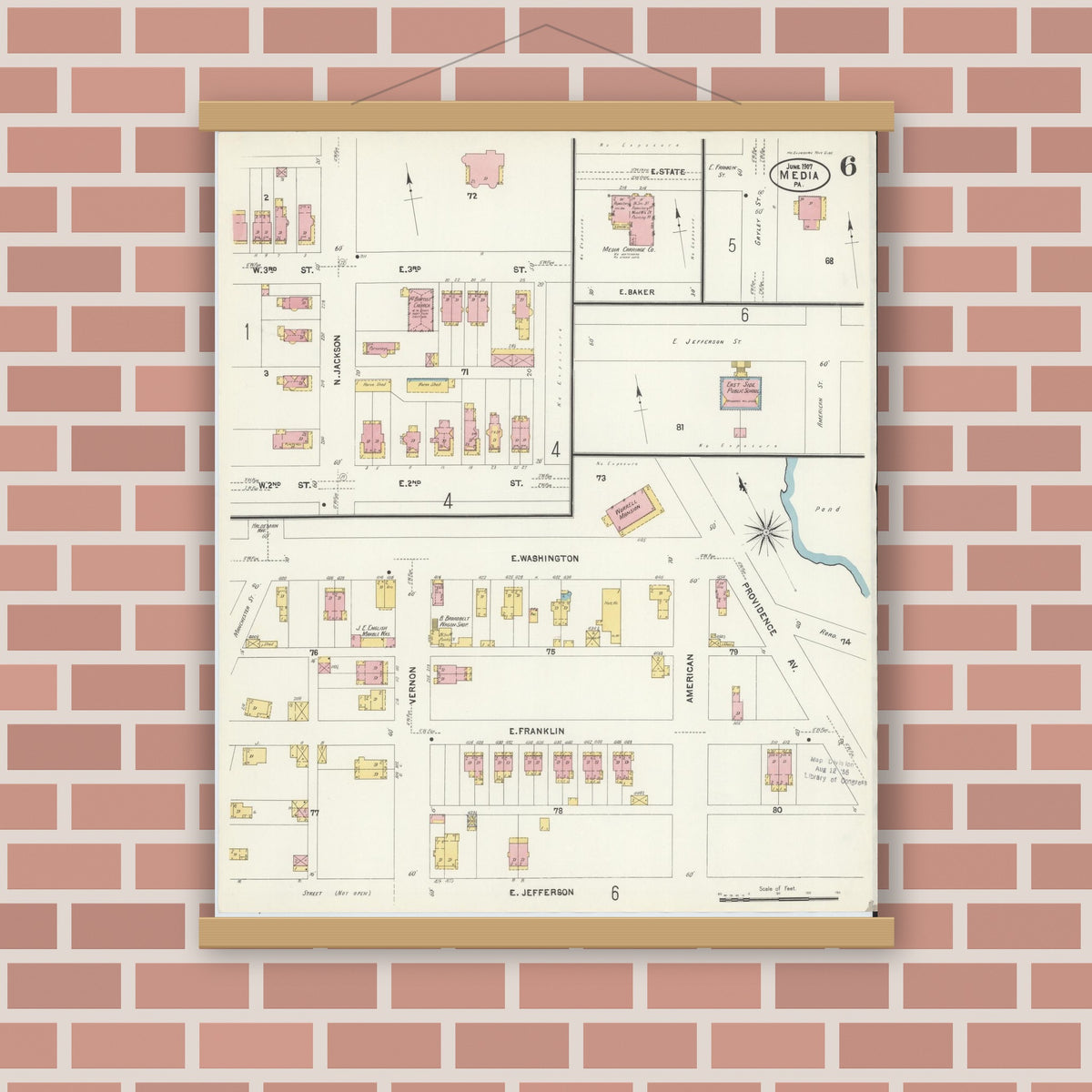 Old map wall art mockup — magnetic wood frame on brick wall — Sanborn Fire Insurance Map from Media, Delaware County, Pennsylvania (1907), Sheet #0006