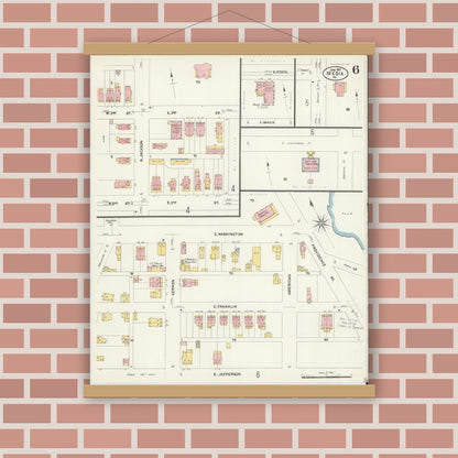 Old map wall art mockup — magnetic wood frame on brick wall — Sanborn Fire Insurance Map from Media, Delaware County, Pennsylvania (1907), Sheet #0006