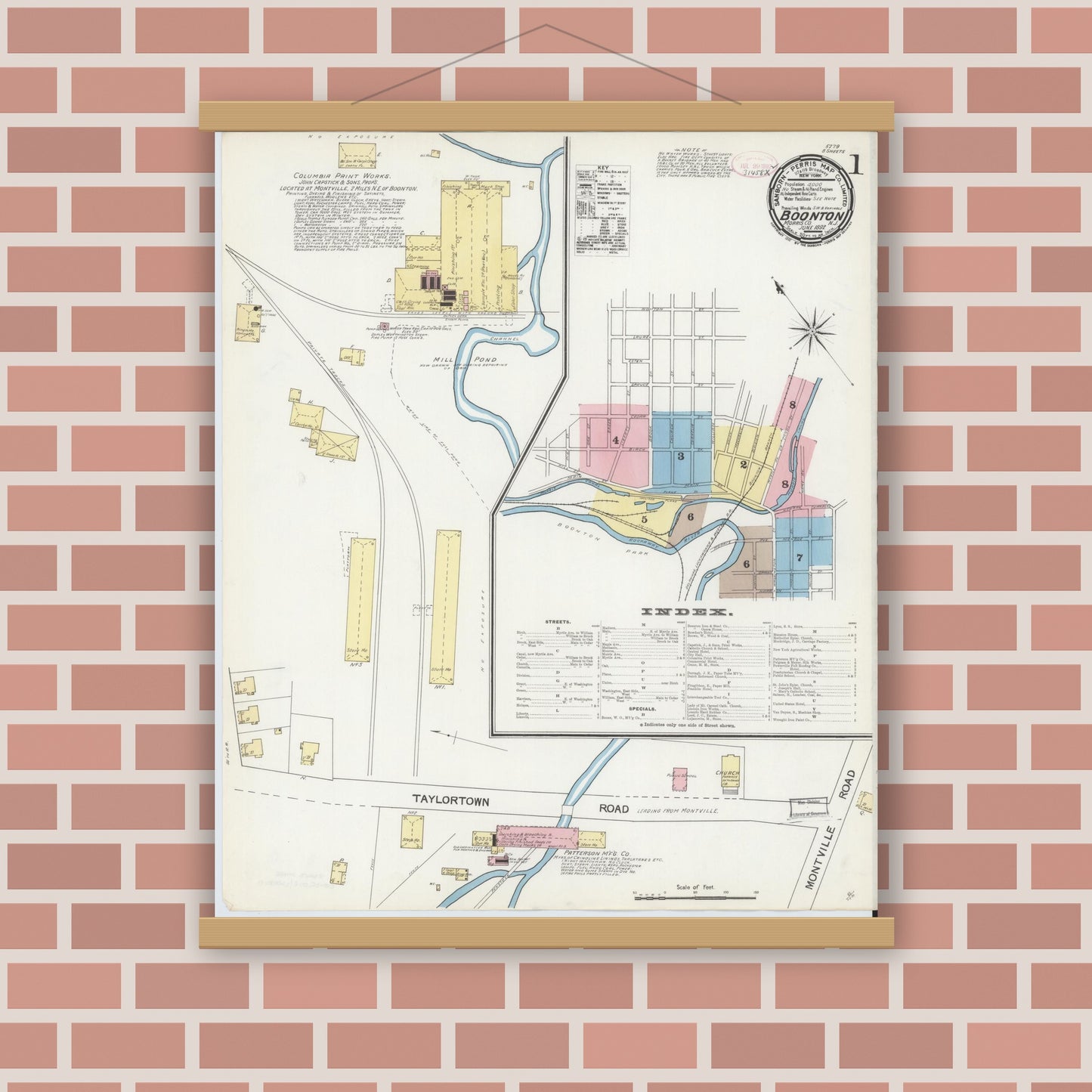 Old map wall art mockup — magnetic wood frame on brick wall — Sanborn Fire Insurance Map from Boonton, Morris County, New Jersey (1892) - Complete Map Set