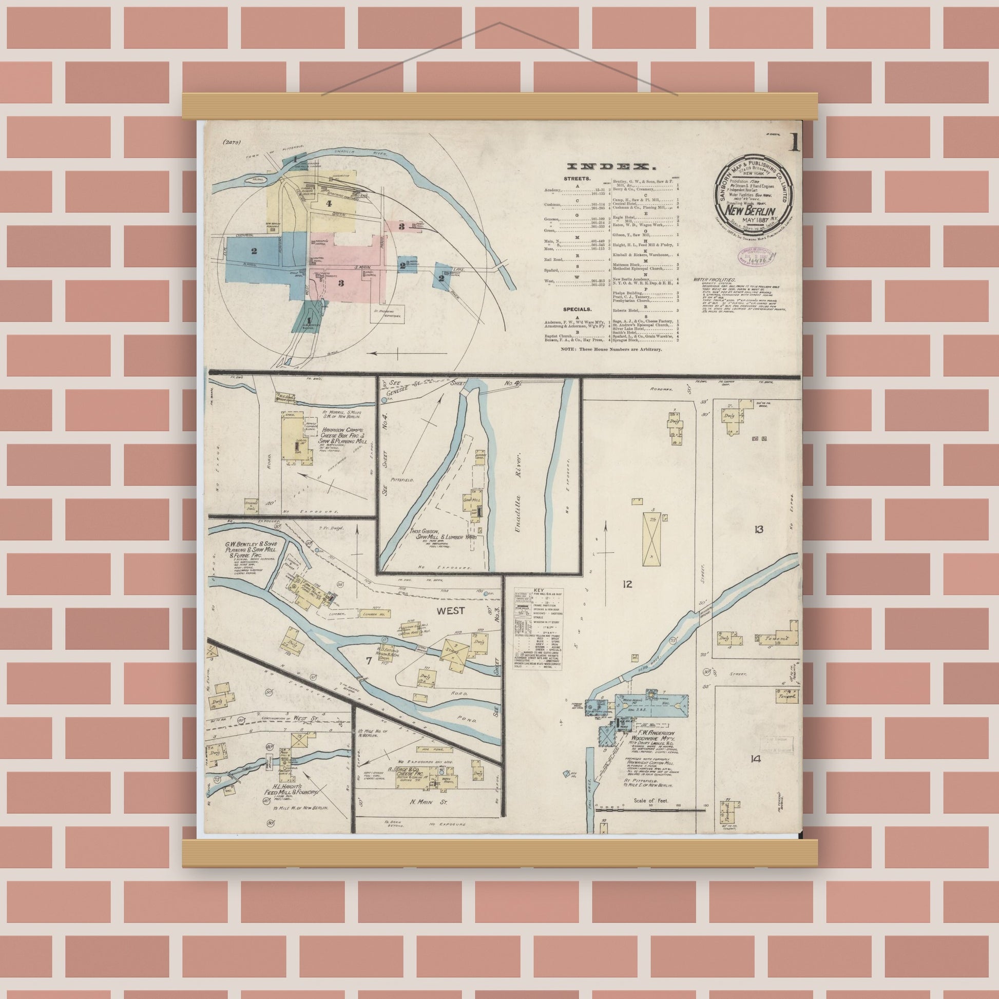 Old map wall art mockup — magnetic wood frame on brick wall — Sanborn Fire Insurance Map from New Berlin, Chenango County, New York (1887) - Complete Map Set