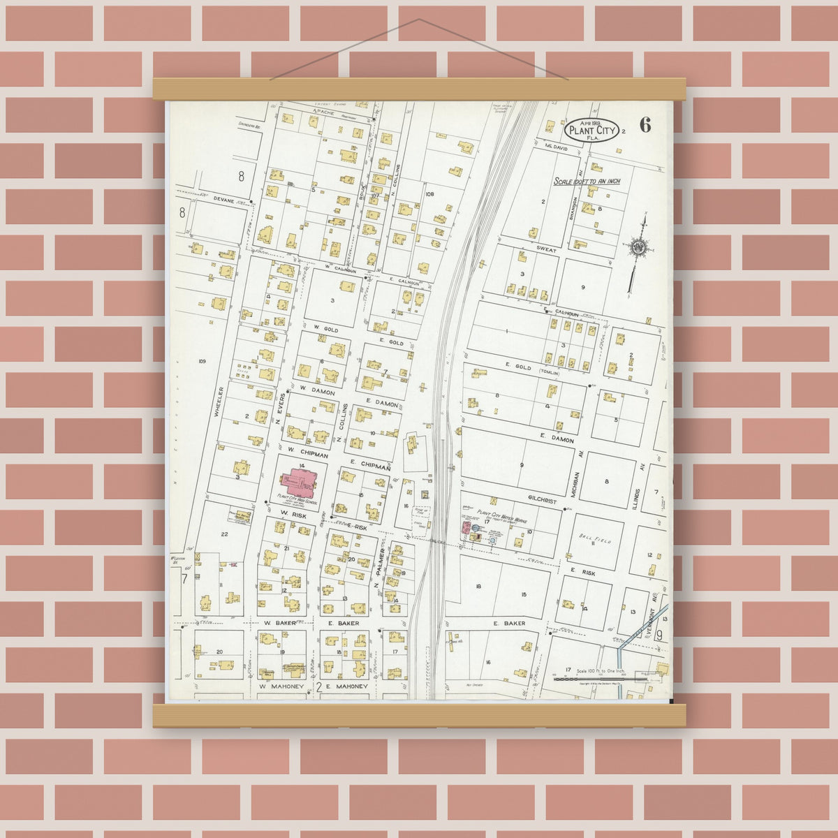 Old map wall art mockup — magnetic wood frame on brick wall — Sanborn Fire Insurance Map from Plant City, Hillborough County, Florida (1919), Sheet #0006