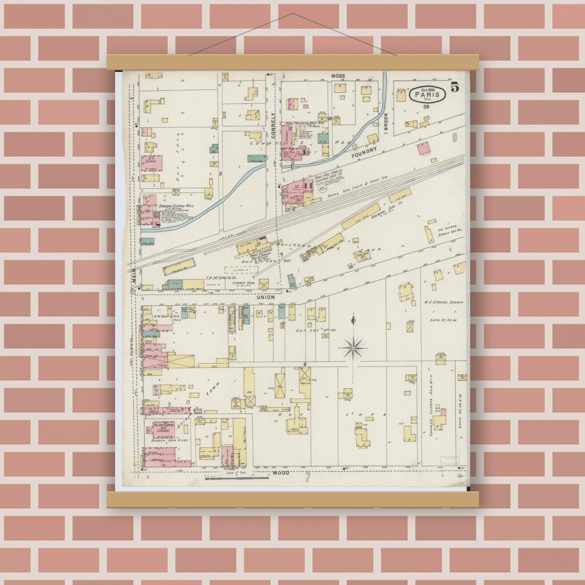 Old map wall art mockup — magnetic wood frame on brick wall — Sanborn Fire Insurance Map from Paris, Edgar County, Illinois (1895), Sheet #0005
