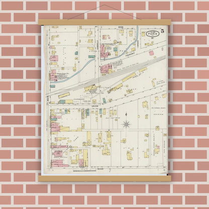 Old map wall art mockup — magnetic wood frame on brick wall — Sanborn Fire Insurance Map from Paris, Edgar County, Illinois (1895), Sheet #0005