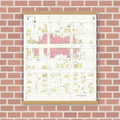 Old map wall art mockup — magnetic wood frame on brick wall — Sanborn Fire Insurance Map from Wolfe City, Hunt County, Texas (1934), Sheet #0002