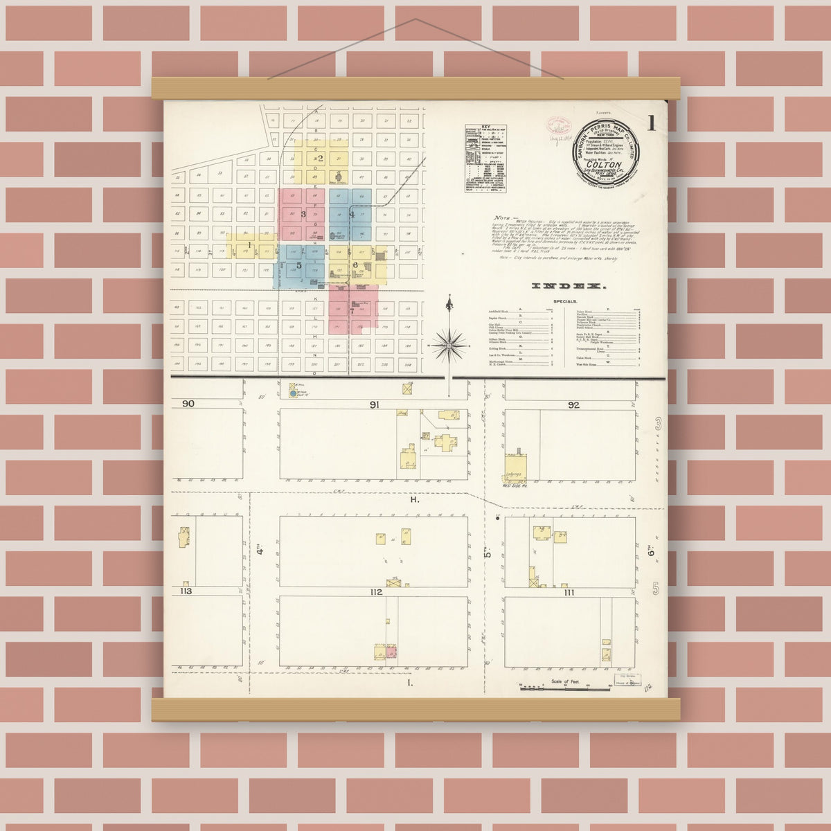 Old map wall art mockup — magnetic wood frame on brick wall — Sanborn Fire Insurance Map from Colton, San Bernardino County, California (1894) - Complete Map Set