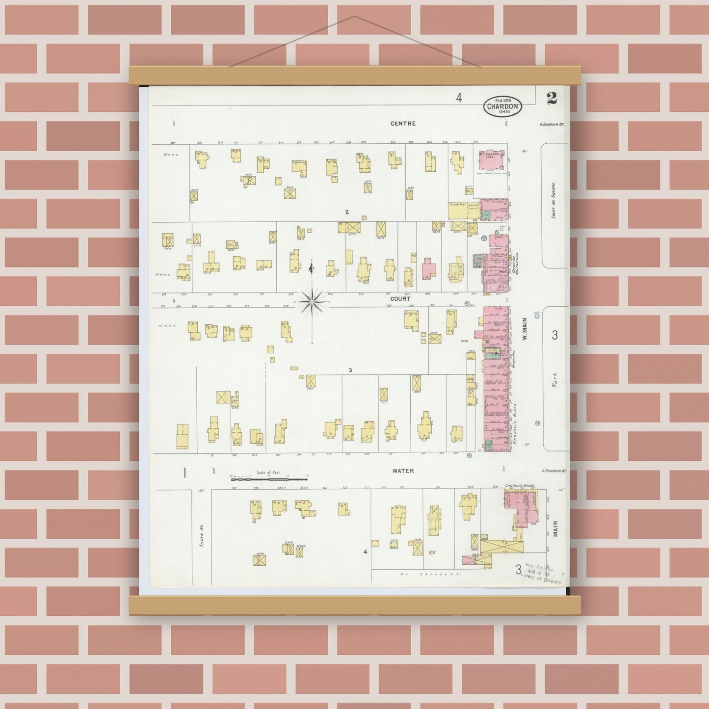 Old map wall art mockup — magnetic wood frame on brick wall — Sanborn Fire Insurance Map from Chardon, Geauga County, Ohio (1899), Sheet #0002