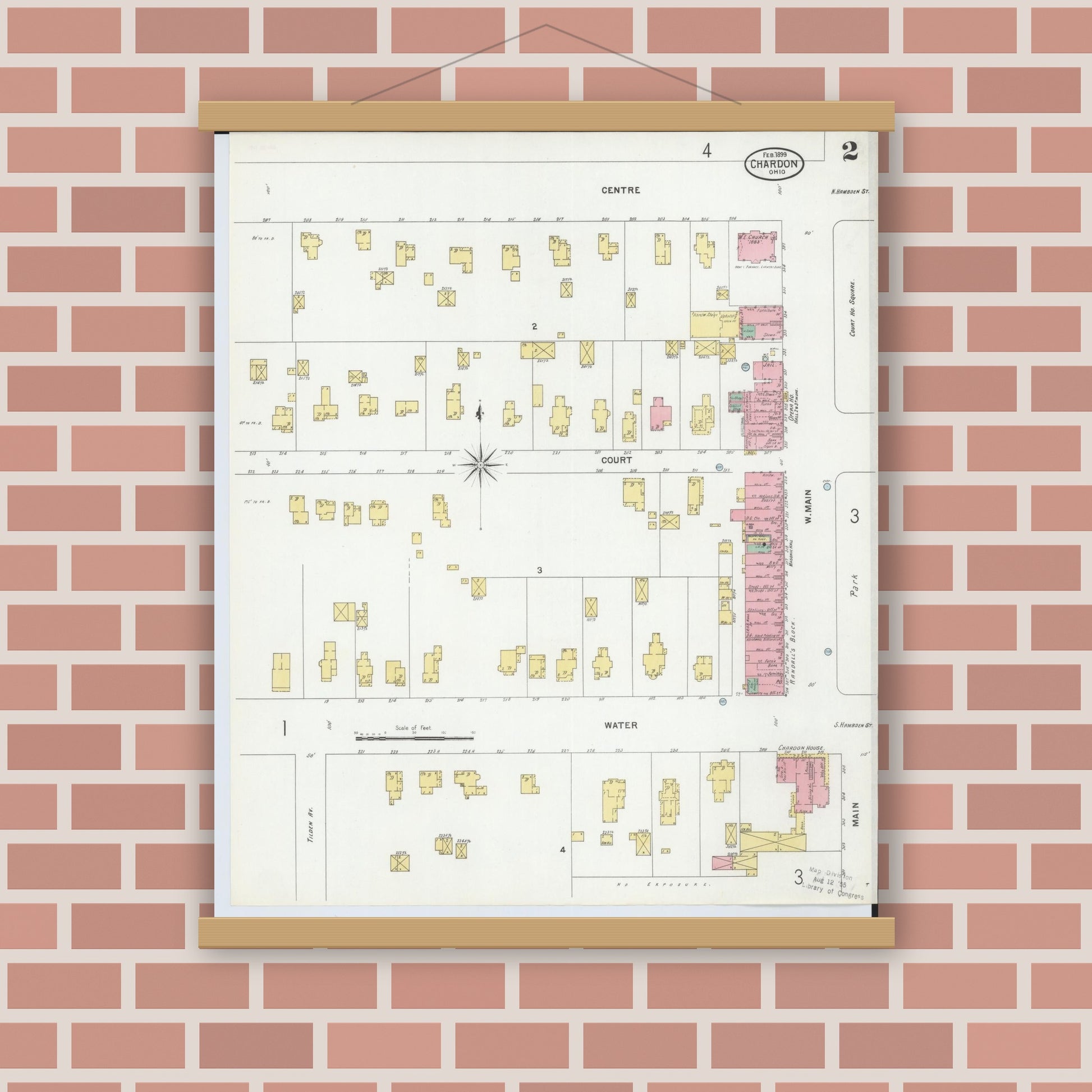 Old map wall art mockup — magnetic wood frame on brick wall — Sanborn Fire Insurance Map from Chardon, Geauga County, Ohio (1899), Sheet #0002