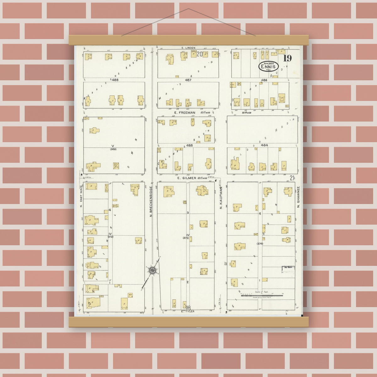 Old map wall art mockup — magnetic wood frame on brick wall — Sanborn Fire Insurance Map from Ennis, Ellis County, Texas (1920), Sheet #0019