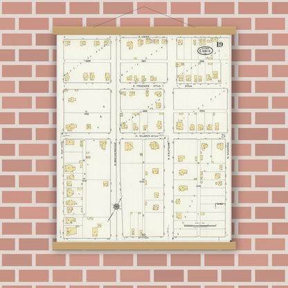 Old map wall art mockup — magnetic wood frame on brick wall — Sanborn Fire Insurance Map from Ennis, Ellis County, Texas (1920), Sheet #0019