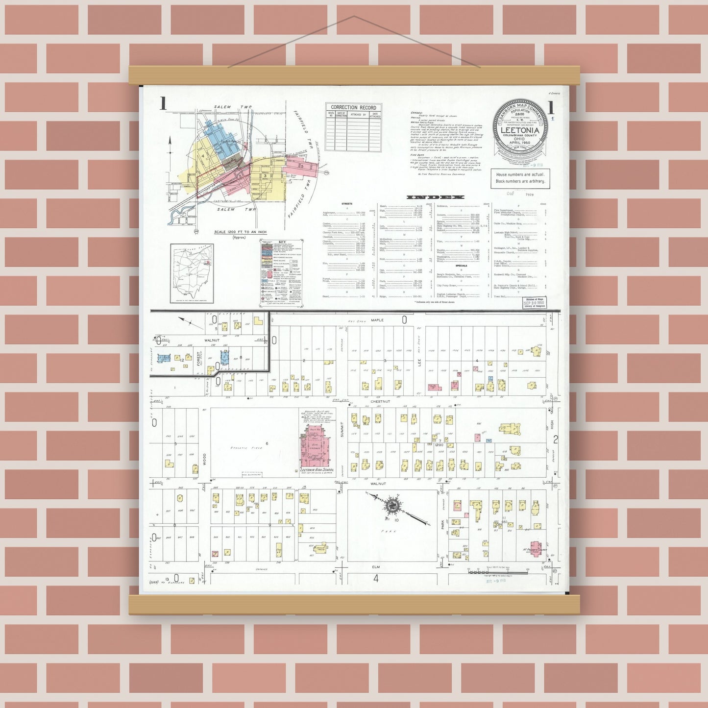 Old map wall art mockup — magnetic wood frame on brick wall — Sanborn Fire Insurance Map from Leetonia, Columbiana County, Ohio (1950), Sheet #0001