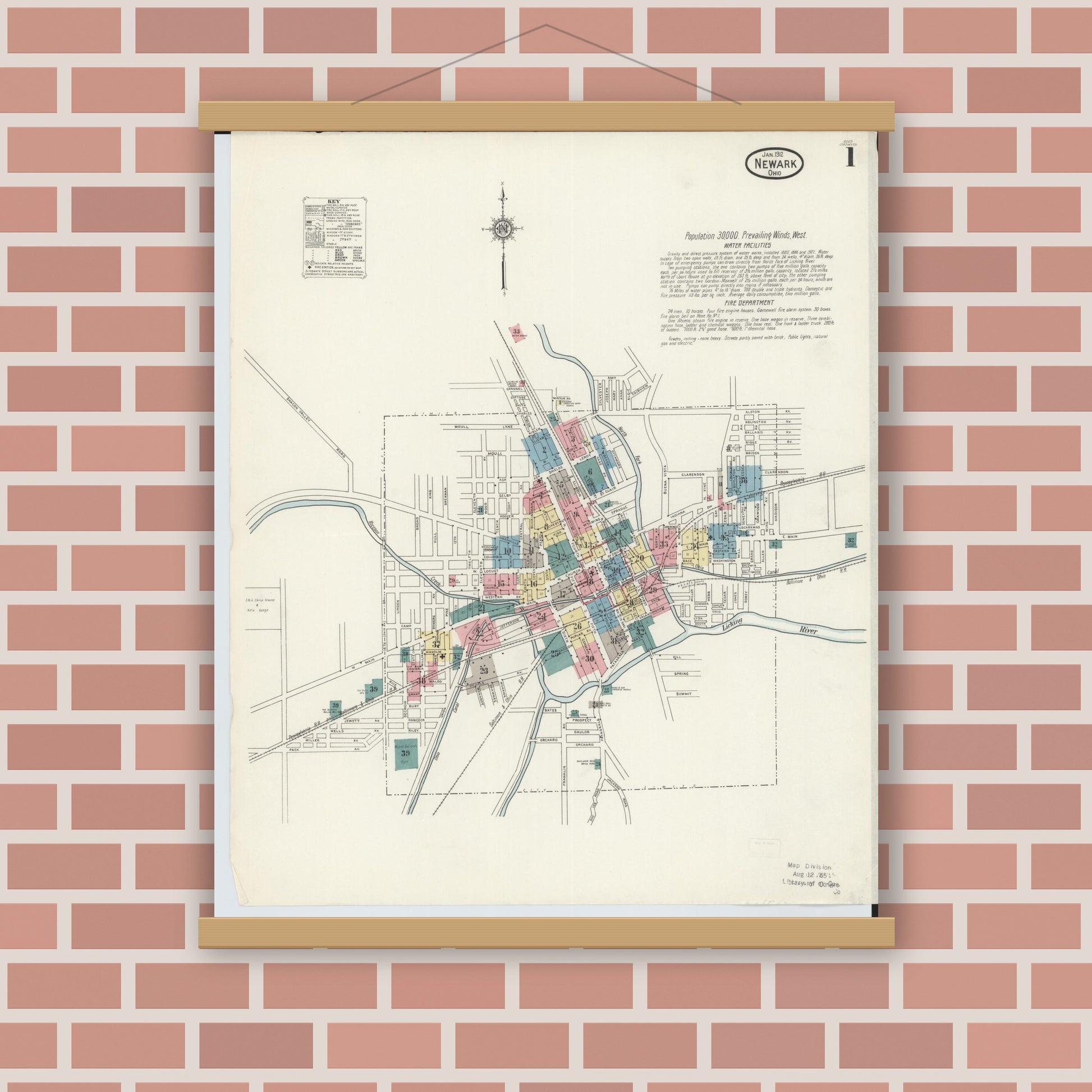 Old map wall art mockup — magnetic wood frame on brick wall — Sanborn Fire Insurance Map from Newark, Licking County, Ohio (1912) - Complete Map Set