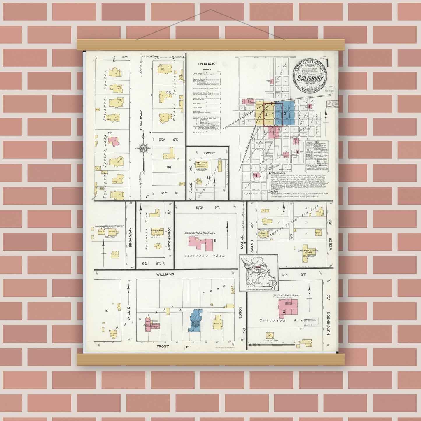Old map wall art mockup — magnetic wood frame on brick wall — Sanborn Fire Insurance Map from Salisbury, Chariton County, Missouri (1916), Sheet #0001