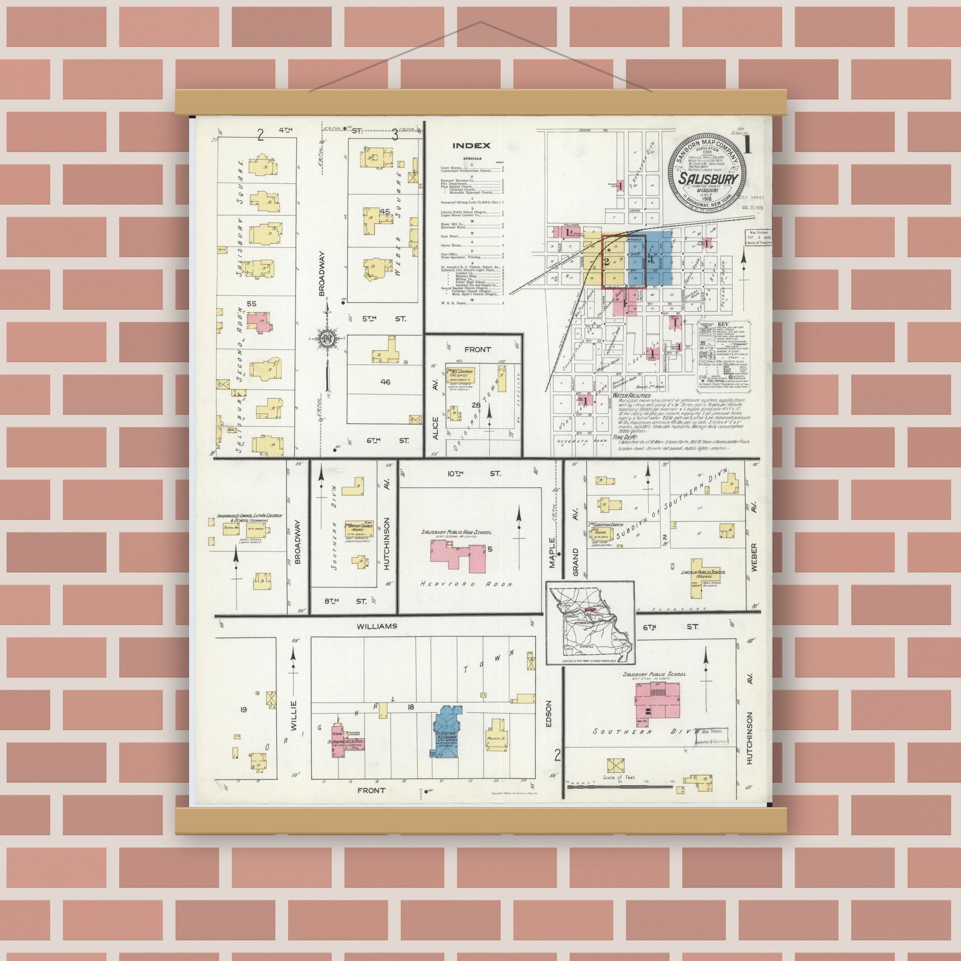 Old map wall art mockup — magnetic wood frame on brick wall — Sanborn Fire Insurance Map from Salisbury, Chariton County, Missouri (1916), Sheet #0001
