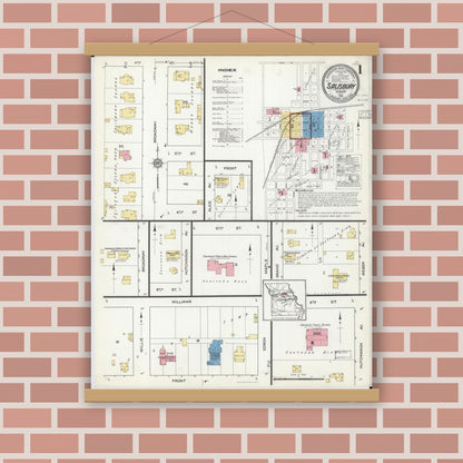 Old map wall art mockup — magnetic wood frame on brick wall — Sanborn Fire Insurance Map from Salisbury, Chariton County, Missouri (1916), Sheet #0001