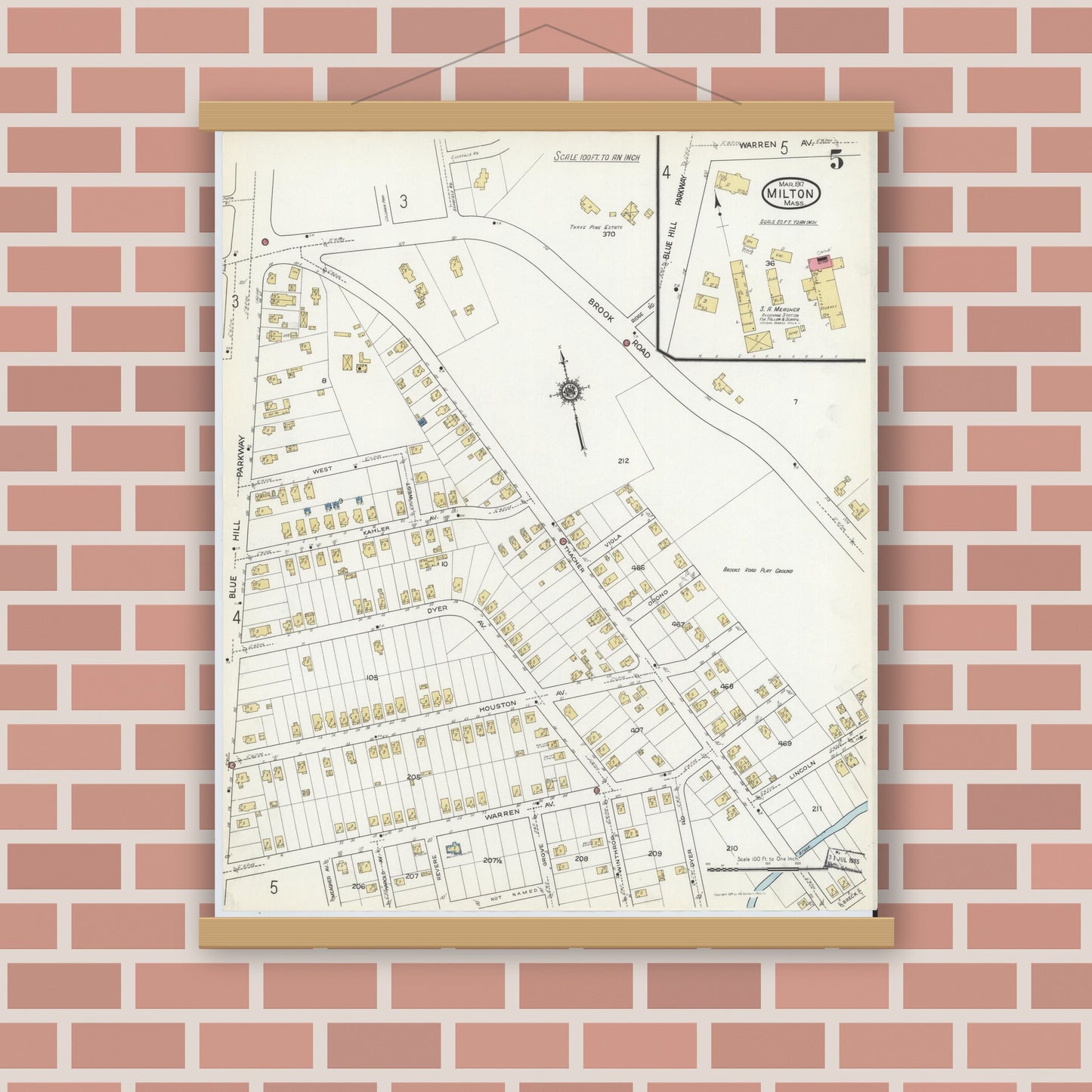 Old map wall art mockup — magnetic wood frame on brick wall — Sanborn Fire Insurance Map from Milton, Norfolk County, Massachusetts (1917), Sheet #0005