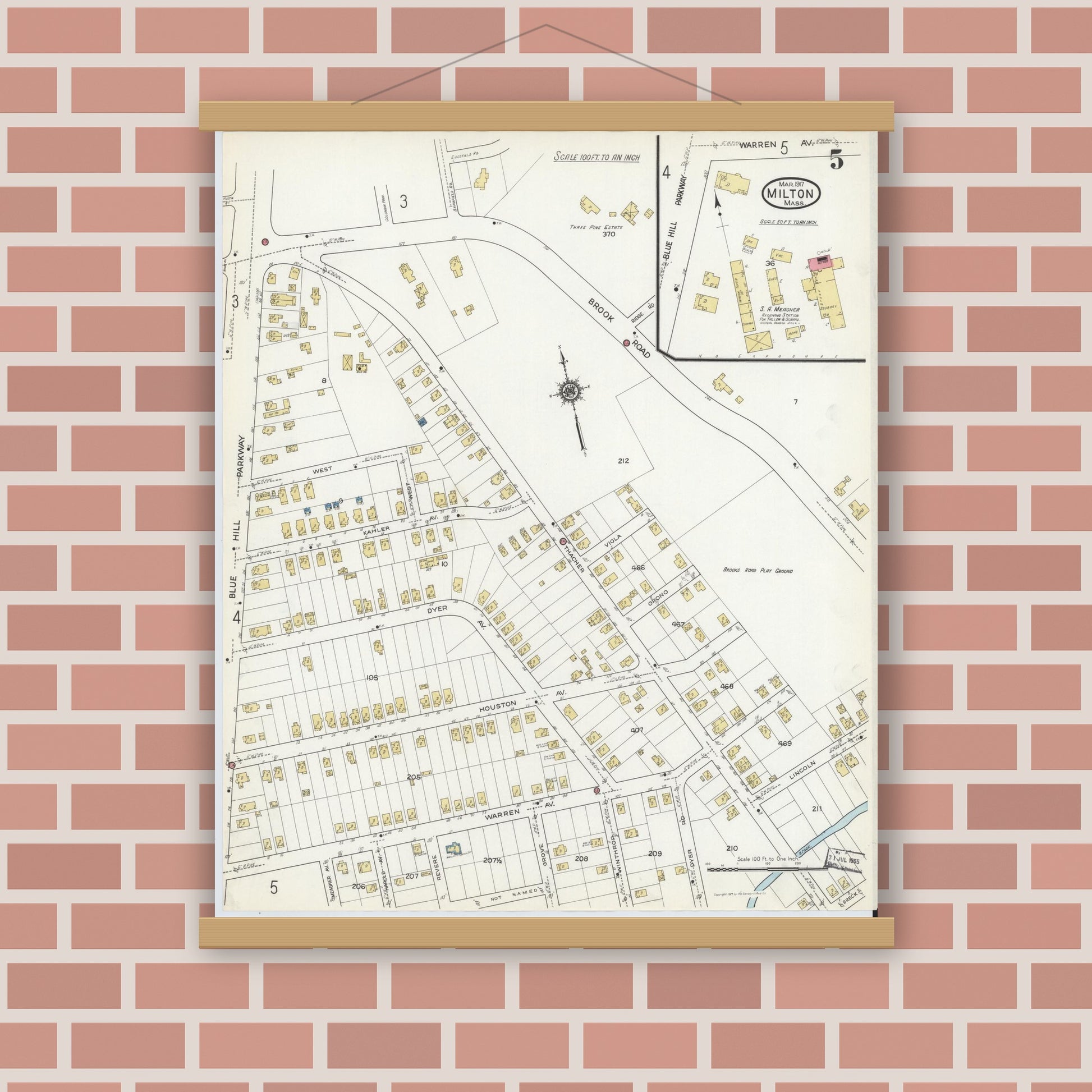 Old map wall art mockup — magnetic wood frame on brick wall — Sanborn Fire Insurance Map from Milton, Norfolk County, Massachusetts (1917), Sheet #0005