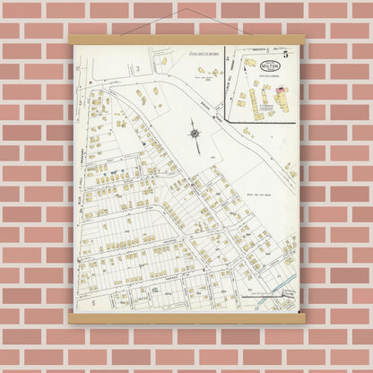 Old map wall art mockup — magnetic wood frame on brick wall — Sanborn Fire Insurance Map from Milton, Norfolk County, Massachusetts (1917), Sheet #0005