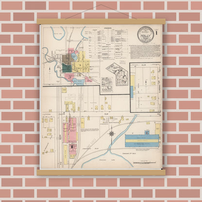 Old map wall art mockup — magnetic wood frame on brick wall — Sanborn Fire Insurance Map from Holly, Oakland County, Michigan (1921), Sheet #0001