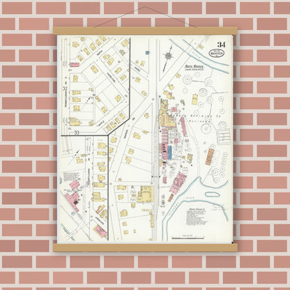 Old map wall art mockup — magnetic wood frame on brick wall — Sanborn Fire Insurance Map from Warren, Warren County, Pennsylvania (1912), Sheet #0034