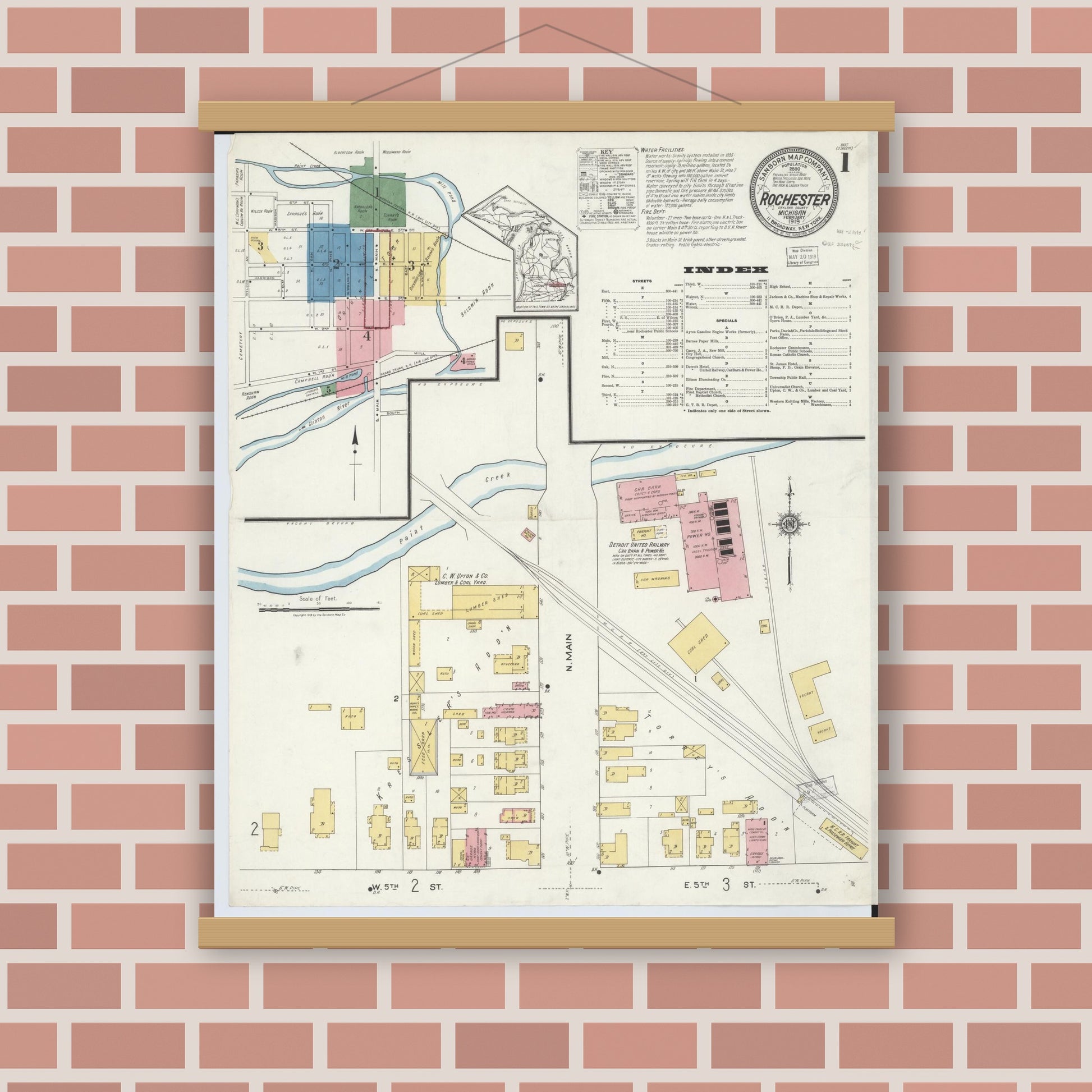Old map wall art mockup — magnetic wood frame on brick wall — Sanborn Fire Insurance Map from Rochester, Oakland County, Michigan (1919) - Complete Map Set