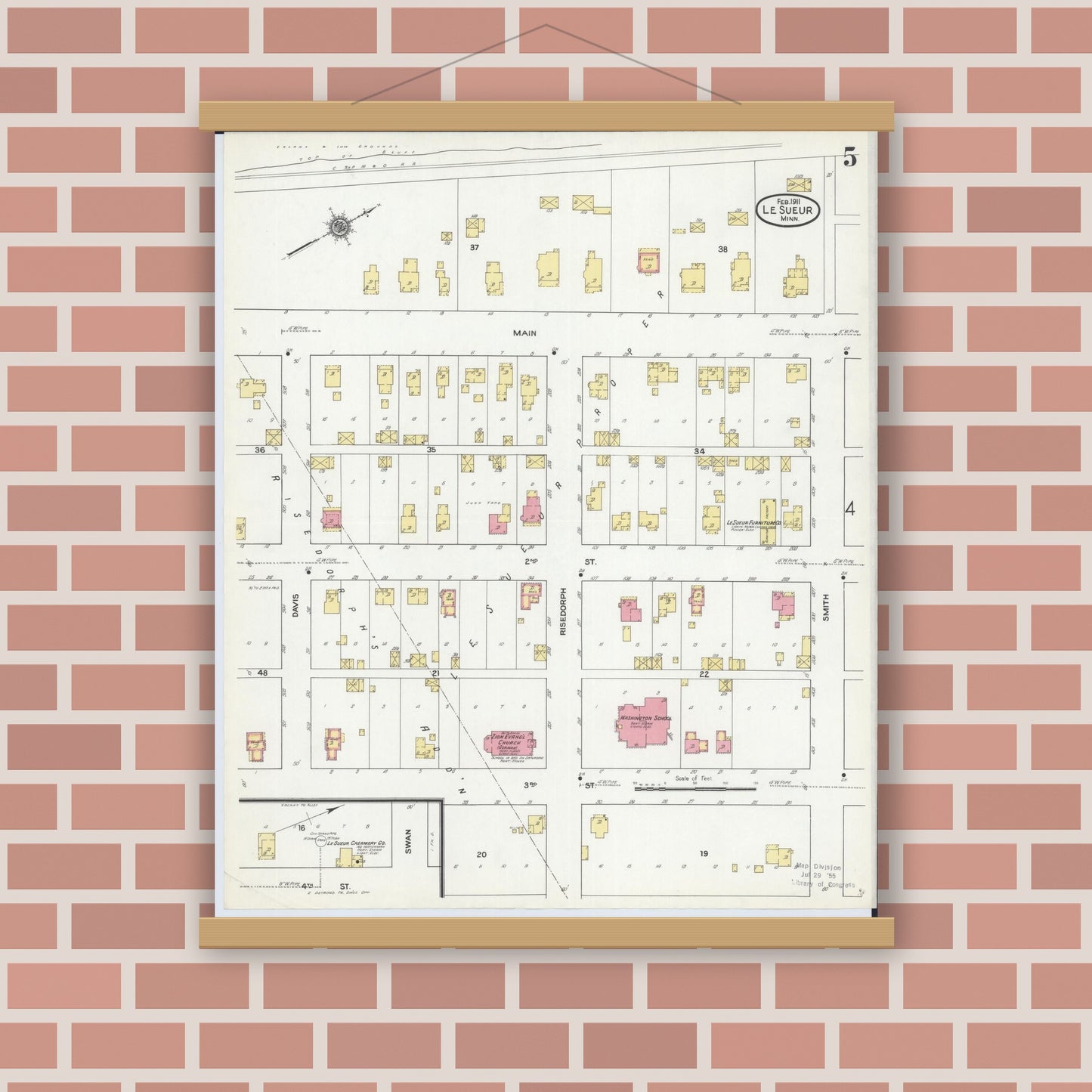 Old map wall art mockup — magnetic wood frame on brick wall — Sanborn Fire Insurance Map from Le Sueur, Le Sueur County, Minnesota (1911), Sheet #0005