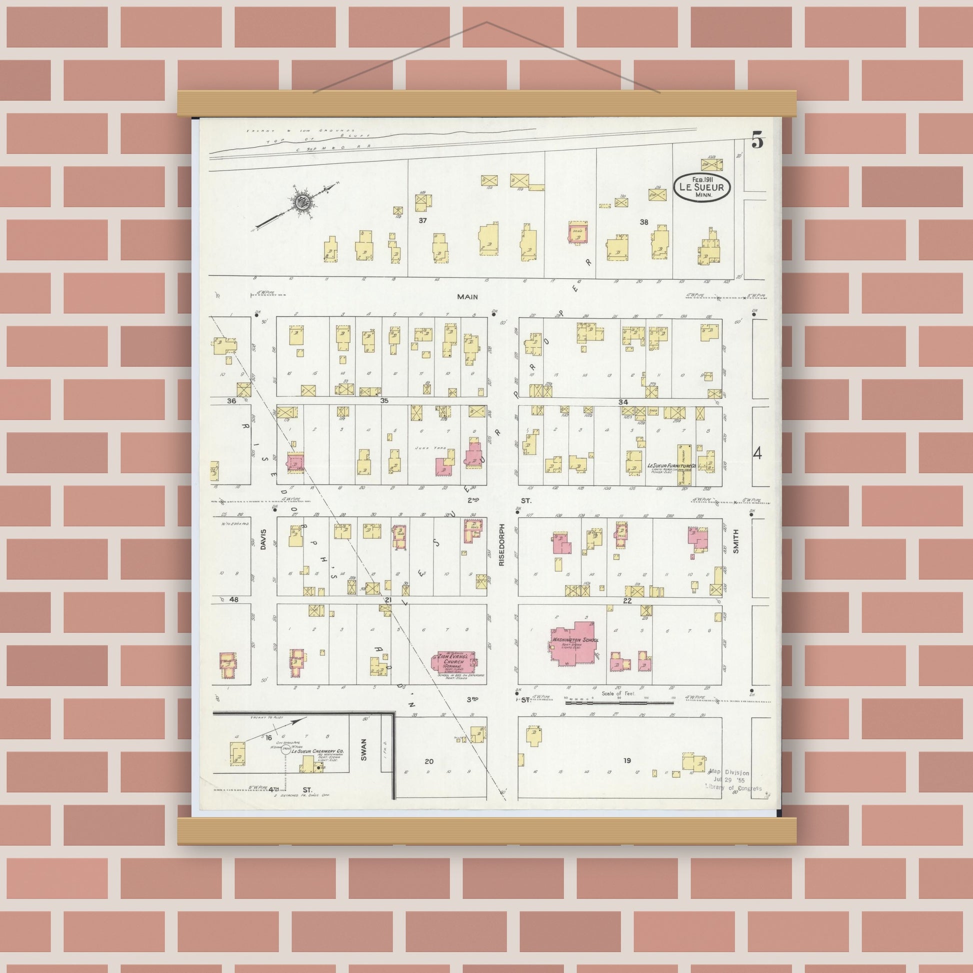 Old map wall art mockup — magnetic wood frame on brick wall — Sanborn Fire Insurance Map from Le Sueur, Le Sueur County, Minnesota (1911), Sheet #0005