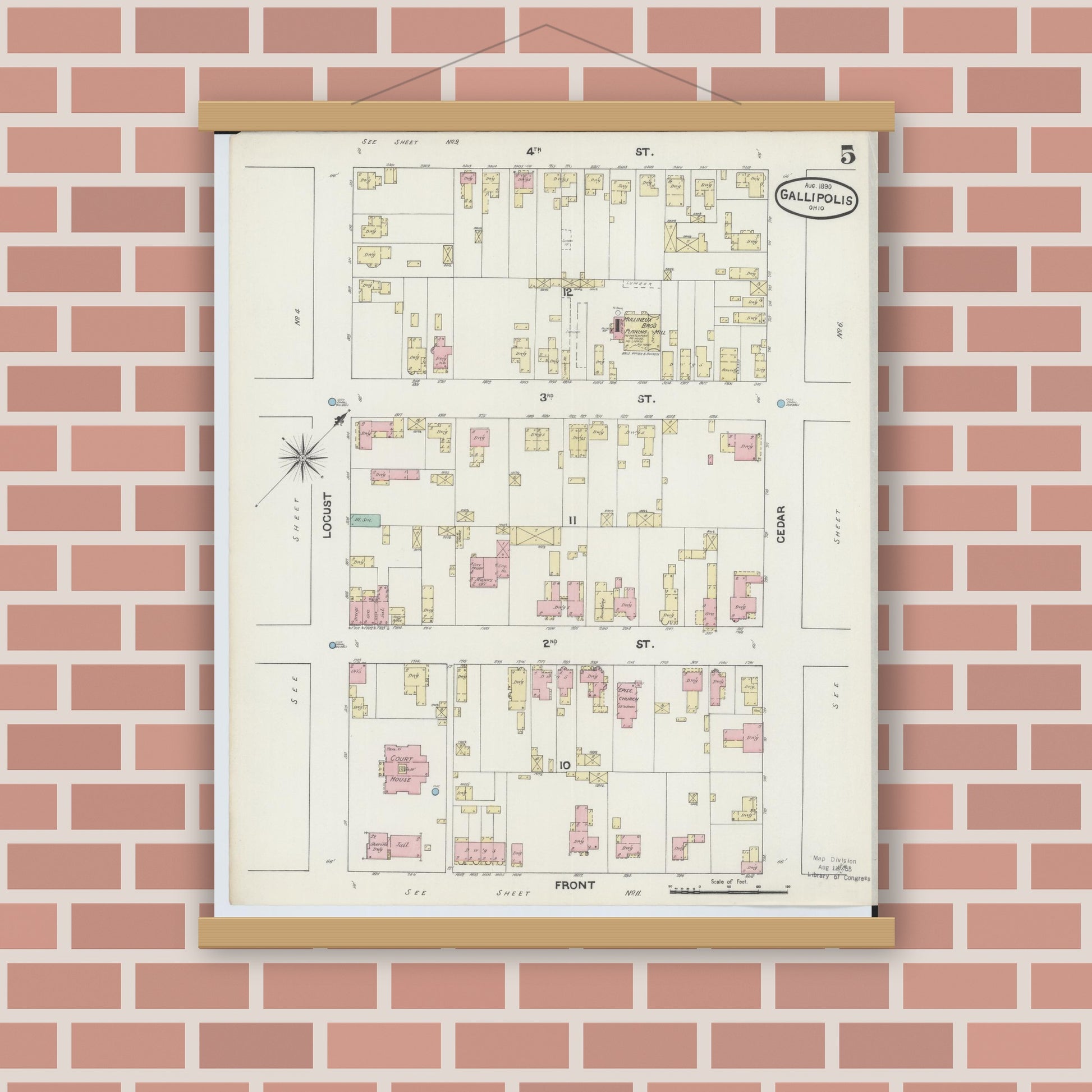 Old map wall art mockup — magnetic wood frame on brick wall — Sanborn Fire Insurance Map from Gallipolis, Gallia County, Ohio (1890), Sheet #0005