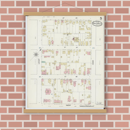 Old map wall art mockup — magnetic wood frame on brick wall — Sanborn Fire Insurance Map from Gallipolis, Gallia County, Ohio (1890), Sheet #0005