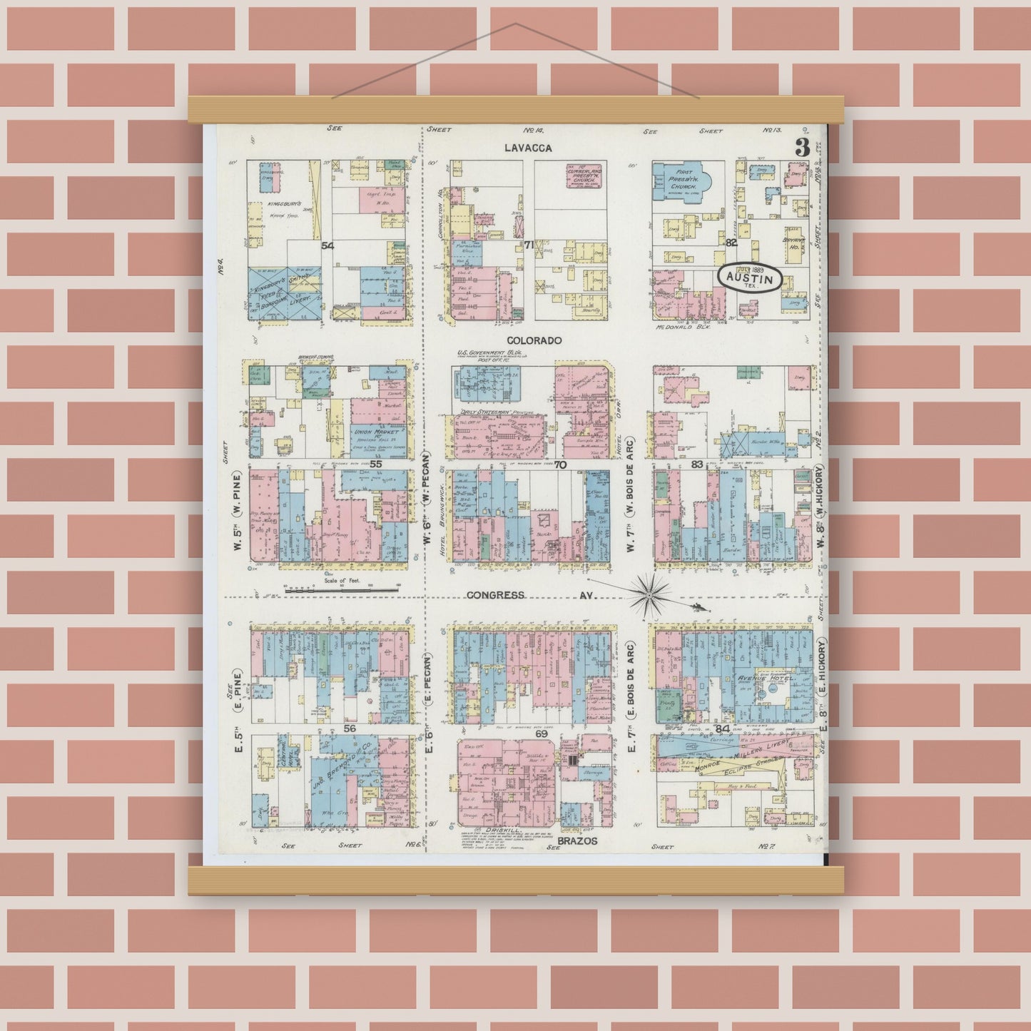 Old map wall art mockup — magnetic wood frame on brick wall — Sanborn Fire Insurance Map from Austin, Travis County, Texas (1889), Sheet #0003
