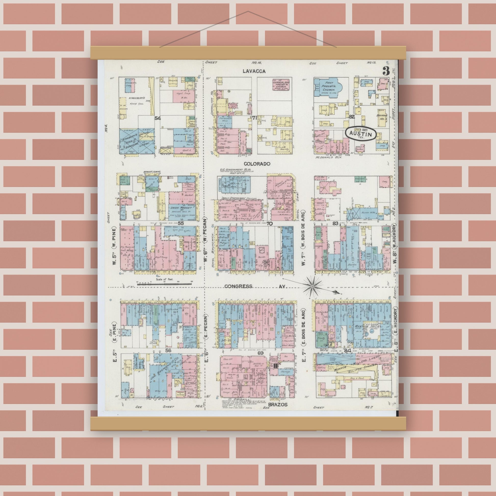 Old map wall art mockup — magnetic wood frame on brick wall — Sanborn Fire Insurance Map from Austin, Travis County, Texas (1889), Sheet #0003