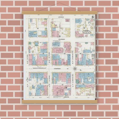 Old map wall art mockup — magnetic wood frame on brick wall — Sanborn Fire Insurance Map from Austin, Travis County, Texas (1889), Sheet #0003