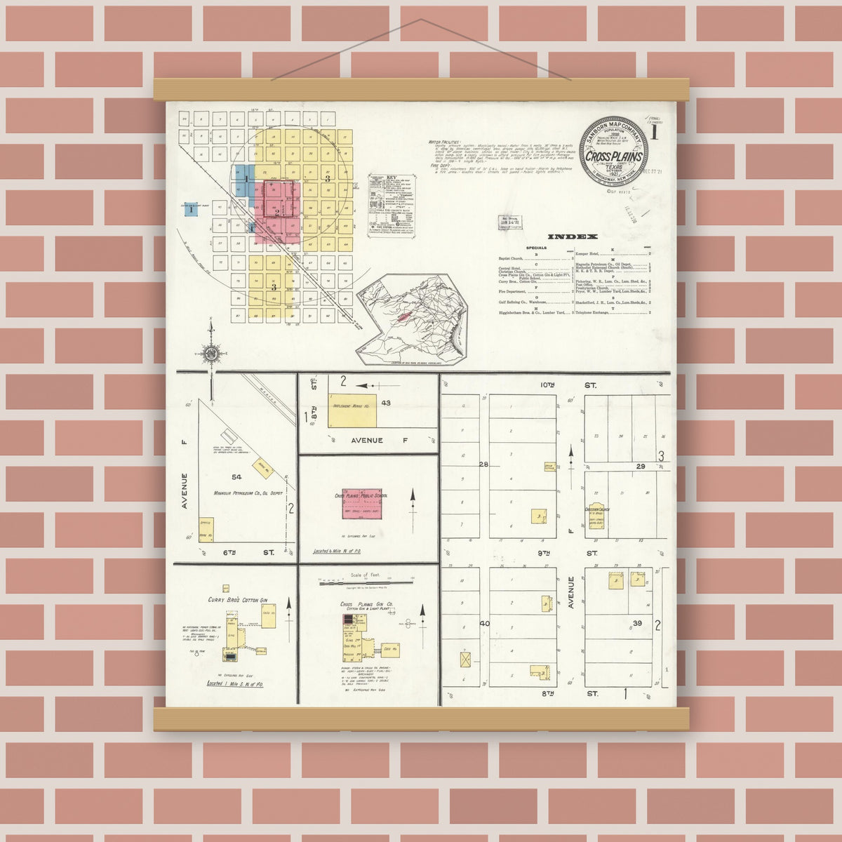 Old map wall art mockup — magnetic wood frame on brick wall — Sanborn Fire Insurance Map from Cross Plains, Callahan County, Texas (1921) - Complete Map Set