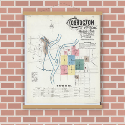 Old map wall art mockup — magnetic wood frame on brick wall — Sanborn Fire Insurance Map from Coshocton, Coshocton County, Ohio (1893), Sheet #0001